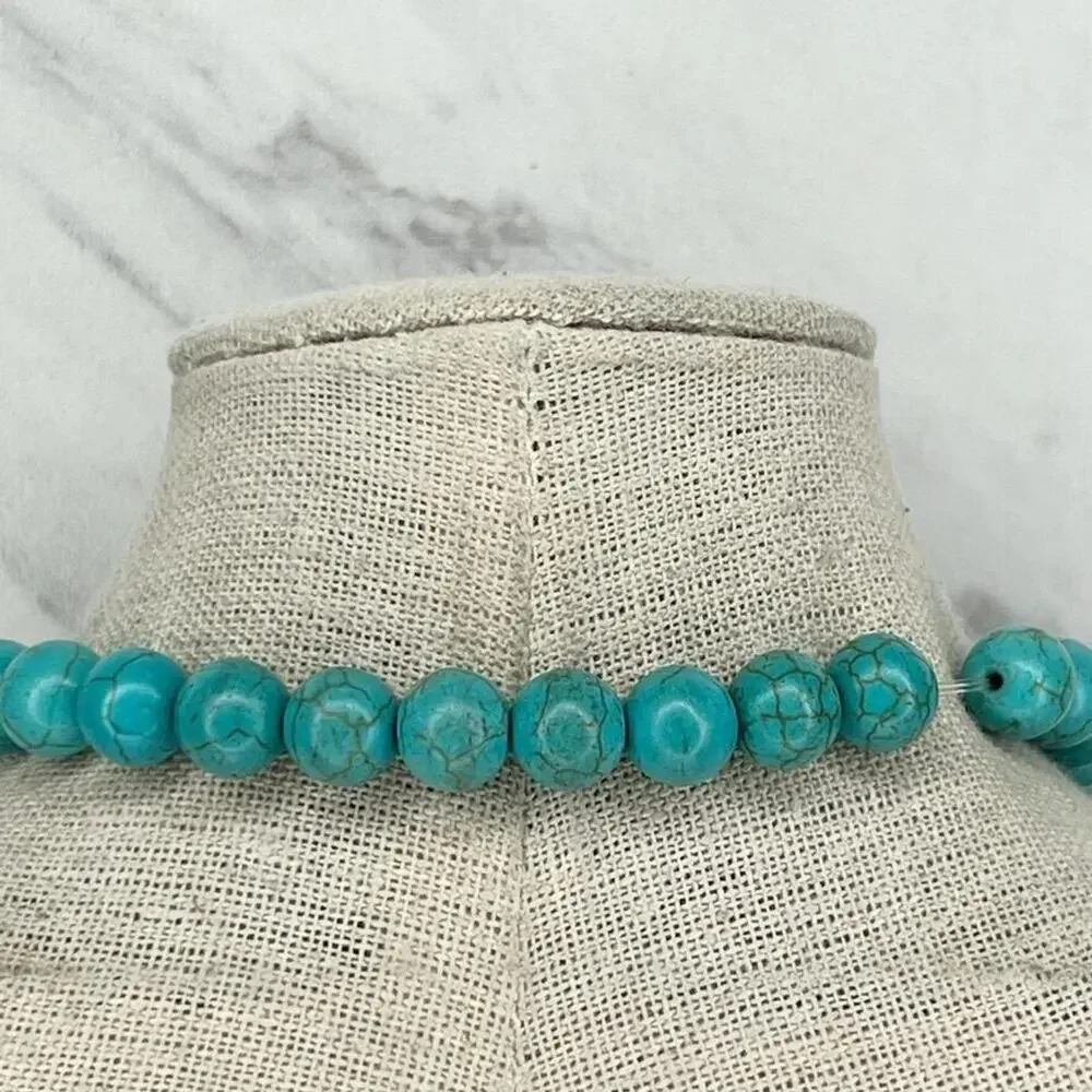 Faux Turquoise Bubble Beaded Druzy Stretch Necklace